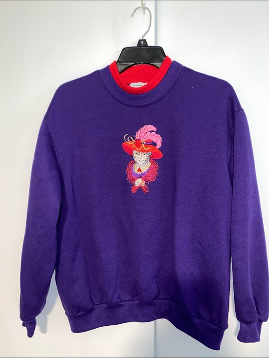 BonWorth Tops - BonWorth Purple Crewneck Sweater with Red Trim and Embroidered Motif